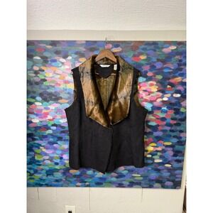 ORVIS Womens Faux Suede Fur Lined Vest Brown Tan Black XL Drape Collar